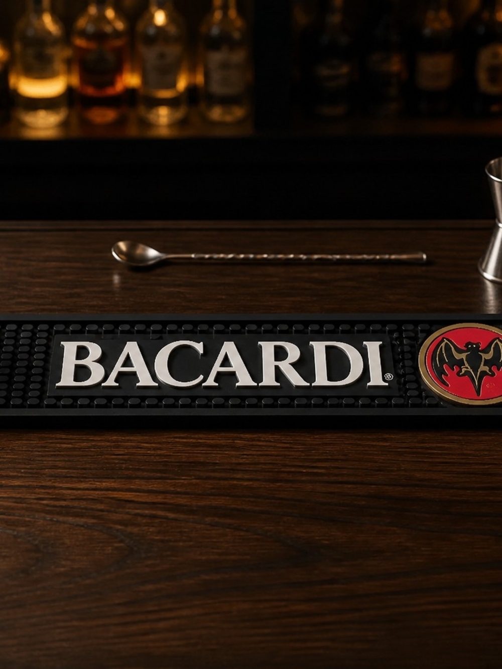 Bacardi Black Rubber Bar Mat - Black with Red Logo